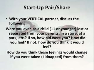 Start-Up Pair/Share 
• With your VERTICAL partner, discuss the 
following: 
Were you ever, as a child (11 or younger) lost or 
separated from your parents; in a store, at a 
park, etc.? If so, how old were you? How did 
you feel? If not, how do you think it would 
feel? 
How do you think those feelings would change 
if you were taken (kidnapped) from them? 
 