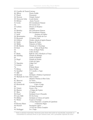 Sapientiam Autem Non Vincit Malitia
www.seminariodefilosofia.org
Todos os direitos reservados. Nenhuma parte desta obra pode ser reproduzida, arquivada ou
transmitida de nenhuma forma ou por nenhum meio, sem a permissão expressa do autor.
41
45. Concílio de TrentoCatecismo
46. Milton Paraíso Perdido
47. Pascal Pensamentos
48. Newton Filosofia Natural
49. Teresa de Ávila Castelo Interior
50. Böhme Aurora Nascente
51. Locke Do Entendimento Humano
52. Do Governo Civil
53. Leibniz Discurso de Metafísica
54. Teodicéia
55. Berkeley Do Conhecimento Humano
56. Hume Do Entendimento Humano
57. Swift Aventuras de Gulliver
58. Montesquieu Do Espírito das Leis
59. Rousseau O Contrato Social
60. Gibbon Declínio e Queda do Império Romano
61. Smith Riqueza das Nações
62. Müller Elementos de Política
63. De Maistre Noitadas de S. Petersburgo
64. Kant Crítica da Razão Pura
65. Crítica da Razão Prática
66. Crítica do Juízo
67. Burke Reflexões sobre a Revolução na França
68. Schelling Filosofia da Mitologia
69. Sistema do Idealismo
70. Hegel Filosofia da História
71. Ciência da Lógica
72. Napoleão Código Civil
73. Goethe Fausto
74. Wilhelm Meister
75. Balzac Ilusões Perdidas
76. Stendhal O Vermelho e o Negro
77. Mill Lógica
78. Bernard Introdução à Medicina Experimental
79. Machado de Assis Dom Casmurro
80. Memórias Póstumas de Brás Cubas
81. Manzoni Os Noivos
82. Comte Catecismo Positivista
83. Dostoiévski Crime e Castigo
84. Os Irmãos Karamázovi
85. Tolstói Guerra e Paz
86. Darwin A Origem das Espécies
87. Marx O Capital
88. Freud Introdução Geral à Psicanálise
89. Leão XIII Do Pai Eterno
90. Dilthey Introdução às Ciências do Espírito
91. Weber Ensaios de Sociologia
92. A Ética Protestante e o Espírito do Capitalismo
93.Thomas Mann A Montanha Mágica
94. Husserl Investigações Lógicas
95. A Crise das Ciências Européias
96. Heidegger Ser e Tempo
 