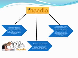 Los usuarios pueden ser
estudiantes, profesores,
creadores y administradores.
Los privilegios de la creación
de un curso son asignados a
un profesor.
Al crear un curso, este puede
estar estructurado en base a un
formato de temas, formato
semanal, formato social,
formato de curso LAMSSCORM
Una vez que se ha creado
un curso se puede activar el
modo de edición y colocar
el contenido. También se
dispone del modo vista de
estudiantes que permite
visualizar la forma en como
un estudiante vería el
contenido del curso.
 