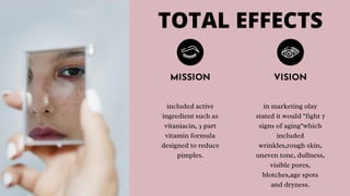 TOTAL EFFECTS
included active
ingredient such as
vitaniacin, 3 part
vitamin formula
designed to reduce
pimples.
in marketing olay
stated it would "fight 7
signs of aging"which
included
wrinkles,rough skin,
uneven tone, dullness,
visible pores,
blotches,age spots
and dryness.
 