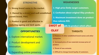 STRENGTHS
1. Strong brand name in the market.
2. Owned by a strong and well established
parent brand, P&G.
3. Product is good and effective in
reducing ageing and dark spots.
4. Widely spread distribution and logistics
network.
WEAKNESSES
1. High price limits target customers.
2. Confusion about original Olay products.
3. Maximum investment done on product
thus reduces ROI.
4. Often recalls its product which affect
brand image.
1. Explore international market.
2. Product development and
innovation.
3. Expanding online presence.
1. Presence of other established brand names and other
companies.
2. Increased price of raw materials increase price of
product.
3. Threat of new entrants.
4. Difficult to change brand loyalty of customers.
SWOT of
OLAYOPPORTUNITIES THREATS
 