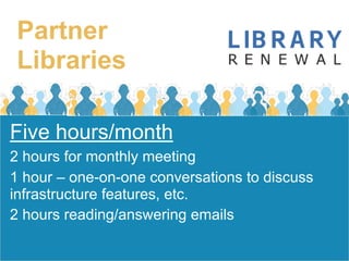 Partner
 Libraries

Five hours/month
2 hours for monthly meeting
1 hour – one-on-one conversations to discuss
infrastructure features, etc.
2 hours reading/answering emails
 