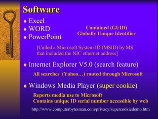 Software Excel WORD PowerPoint Contained (GUID) Globally Unique Identifier [Called a Microsoft System ID (MSID) by MS that included the NIC ethernet address] All searches  (Yahoo…) routed through Microsoft Internet Explorer V5.0 (search feature)   Windows Media Player ( super cookie )   Reports media use to Microsoft Contains unique ID serial number accessible by web http://www.computerbytesman.com/privacy/supercookiedemo.htm 