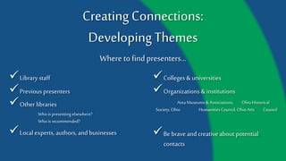 Creating Connections:
Developing Themes
Library staff
Previous presenters
Where to find presenters…
Colleges & universities
Be brave and creative
about potential contacts
Organizations & institutions
Other libraries Area Museums & Associations,
Ohio Historical Society, Ohio
Humanities Council, Ohio Arts
Council
Local experts, authors, and
businesses
Who is presenting elsewhere?
Who is recommended?
 