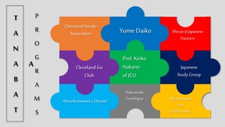 Sho-jo-ji
Japanese
Dancers
Prof. Keiko
Nakano
of JCU
The Teahouse
Fire
by Ellis Avery
Cleveland
Go Club
P
R
O
G
R
A
M
S
Japanese
Study Group
Cleveland
Kendo
Association
Yume Daiko
Akira Kurosawa’s
Dreams
Nakasendo
Travelogue
T
A
N
A
B
A
T
A
 