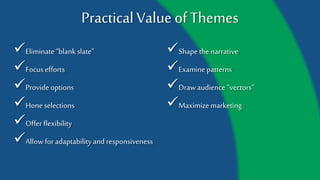 Practical Value of Themes
Eliminate “blank slate”
Focus efforts
Provide options
Hone selections
Offer flexibility
Allow for adaptability and
responsiveness
Shape the narrative
Examine patterns
Draw audience “vectors”
Maximize marketing
 