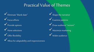 Practical Value of Themes
Eliminate “blank slate”
Focus efforts
Provide options
Hone selections
Offer flexibility
Allow for adaptability and
responsiveness
Shape the narrative
Examine patterns
Draw audience “vectors”
Maximize marketing
Widen audience
 
