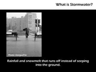 What is Stormwater?




Photo: morgueFile

Rainfall and snowmelt that runs off instead of seeping
                 into the ground.
 