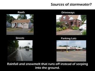 Sources of stormwater?

       Roofs                        Driveways




     Streets                       Parking Lots




Rainfall and snowmelt that runs off instead of seeping
                 into the ground.
 