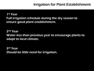 Irrigation for Plant Establishment

1st Year
Full irrigation schedule during the dry season to
       P
ensure good plant establishment.


2nd Year
Water less than previous year to encourage plants to
adapt to local climate.


3rd Year
Should be little need for irrigation.
 
