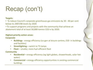 Recap (con’t)
Targets:
• To reduce Council’s corporate greenhouse gas emissions by 30 - 40 per cent
below its 2007/08 levels by 2020
• To support programs and projects with the community that achieve an
abatement total of at least 50,000 tonnes CO2-e by 2020.

Highest priority action areas:
Corporate
     • Buildings - energy efficiency (co-gen at leisure centres, ESD in buildings
        and facilities)
    • Streetlighting – switch to T5 lamps
    • Fleet – smaller, more fuel-efficient fleet
Community
    • Residential – energy efficiency (eg light globes, showerheads, solar hot
        water)
    • Commercial – energy efficiency opportunities in existing commercial
        buildings
 