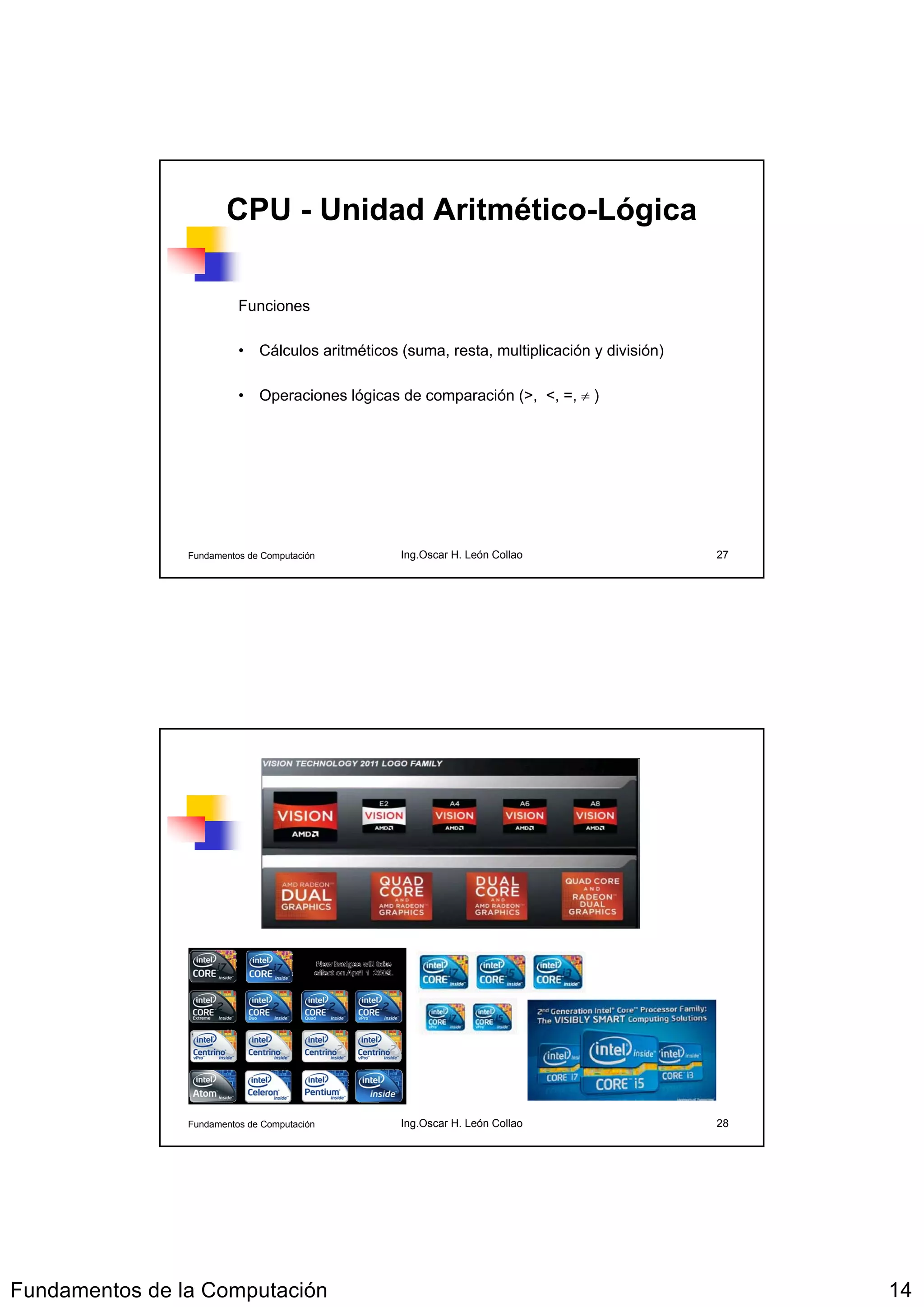 CPU - Unidad Aritmético-Lógica

                          Funciones

                          • Cálculos aritméticos (suma, resta, multiplicación y división)

                          • Operaciones lógicas de comparación (>, <, =, ≠ )




                Fundamentos de Computación        Ing.Oscar H. León Collao                  27




                Fundamentos de Computación        Ing.Oscar H. León Collao                  28




Fundamentos de la Computación                                                                    14
 