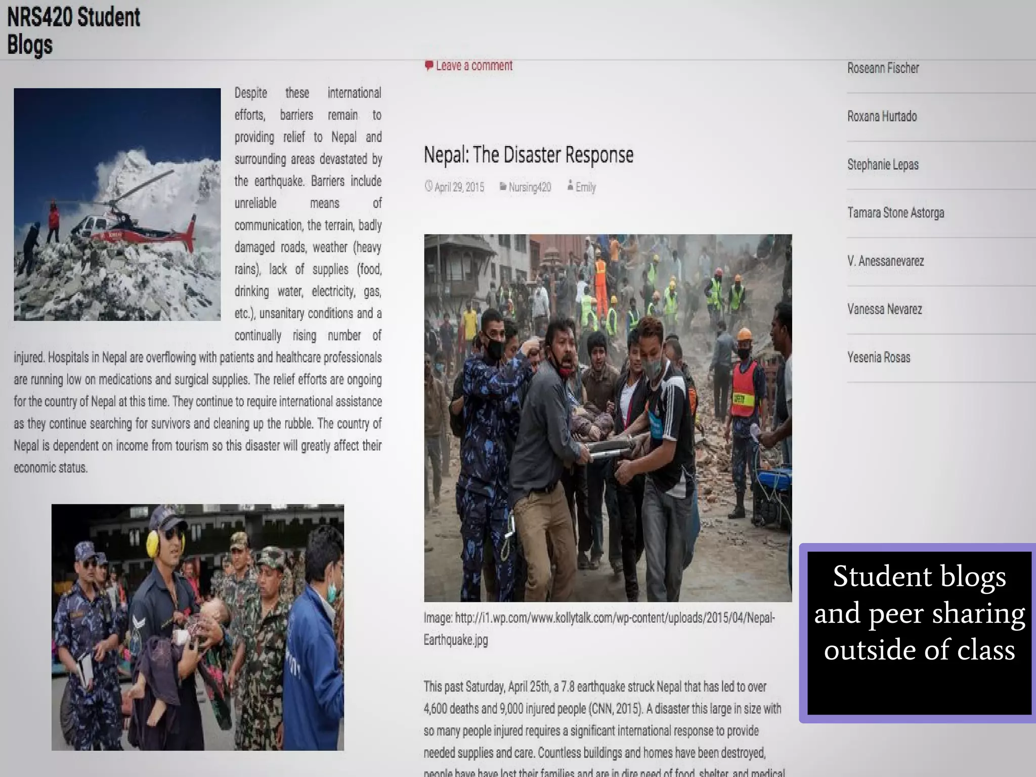 Student blogs
and peer sharing
outside of class
 