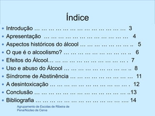 Índice
 Introdução … … … … … … … … … … … … … 3
 Apresentação … … … … … … … … … … … … 4
 Aspectos históricos do álcool … … … … … … … .. 5
 O que é o alcoolismo? … … … … … … … … … .. 6
 Efeitos do Álcool… … … … … … … … … … … . 7
 Uso e abuso do Álcool … … … … … … … … … .. 8
 Síndrome de Abstinência … … … … … … … … … 11
 A desintoxicação … … … … … … … … … … … . 12
 Conclusão … … … … … … … … … … … … … ..13
 Bibliografia … … … … … … … … … … … … …. 14
     Agrupamento de Escolas de Ribeira de
     Pena/Núcleo de Cerva
 