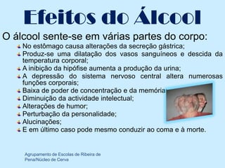 Efeitos do Álcool
O álcool sente-se em várias partes do corpo:
    No estômago causa alterações da secreção gástrica;
    Produz-se uma dilatação dos vasos sanguíneos e descida da
    temperatura corporal;
    A inibição da hipófise aumenta a produção da urina;
    A depressão do sistema nervoso central altera numerosas
    funções corporais;
    Baixa de poder de concentração e da memória;
    Diminuição da actividade intelectual;
    Alterações de humor;
    Perturbação da personalidade;
    Alucinações;
    E em último caso pode mesmo conduzir ao coma e à morte.


    Agrupamento de Escolas de Ribeira de
    Pena/Núcleo de Cerva
 