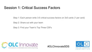 Session 1: Critical Success Factors
Step 1: Each person write 3-5 critical success factors on 3x5 cards (1 per card)
Step 2: Share out with your team
Step 3: Find your Team’s Top Three CSFs
#OLCInnovateSDS
 