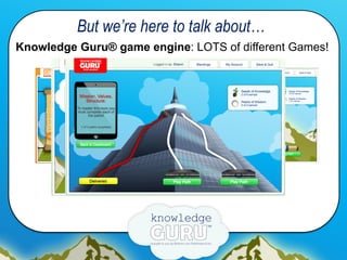 But we’re here to talk about…
Knowledge Guru® game engine: LOTS of different Games!
 
