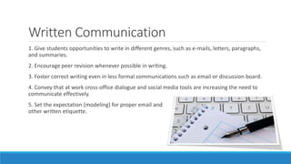Written Communication
1. Give students opportunities to write in different genres, such as e-mails, letters, paragraphs,
and summaries.
2. Encourage peer revision whenever possible in writing.
3. Foster correct writing even in less formal communications such as email or discussion board.
4. Convey that at work cross-office dialogue and social media tools are increasing the need to
communicate effectively.
5. Set the expectation (modeling) for proper email and
other written etiquette.
 