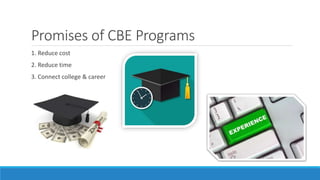Promises of CBE Programs
1. Reduce cost
2. Reduce time
3. Connect college & career
 