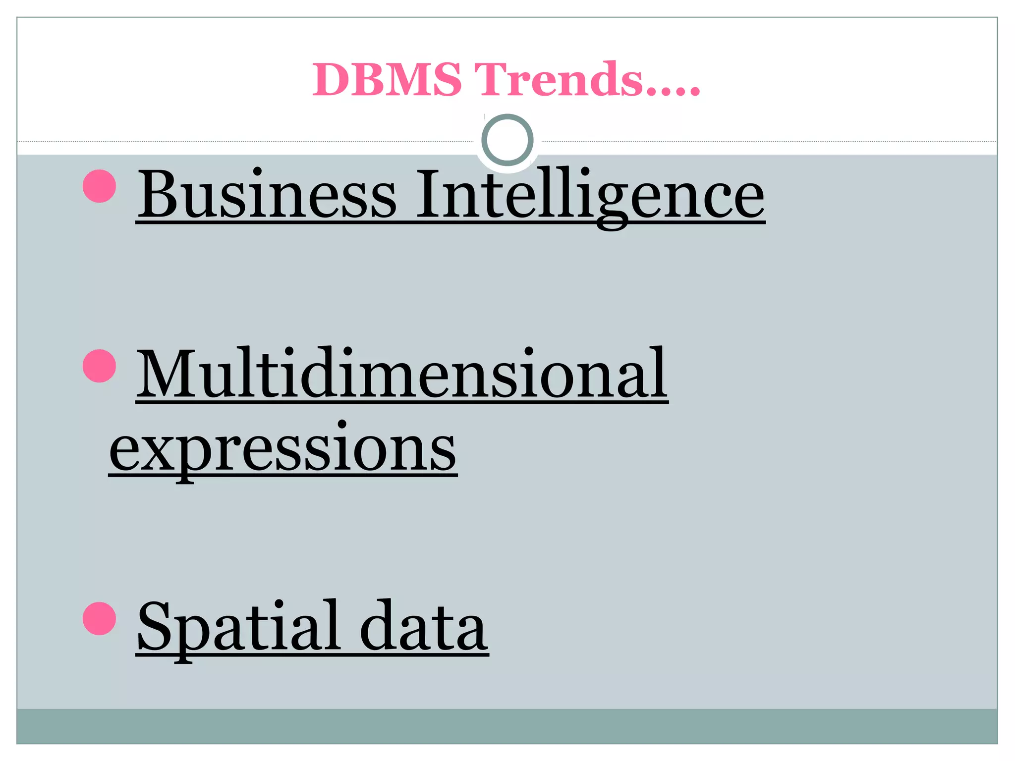 DBMS Trends….
Business Intelligence
Multidimensional
expressions
Spatial data