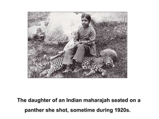 The daughter of an Indian maharajah seated on a panther she shot, sometime during 1920s.   