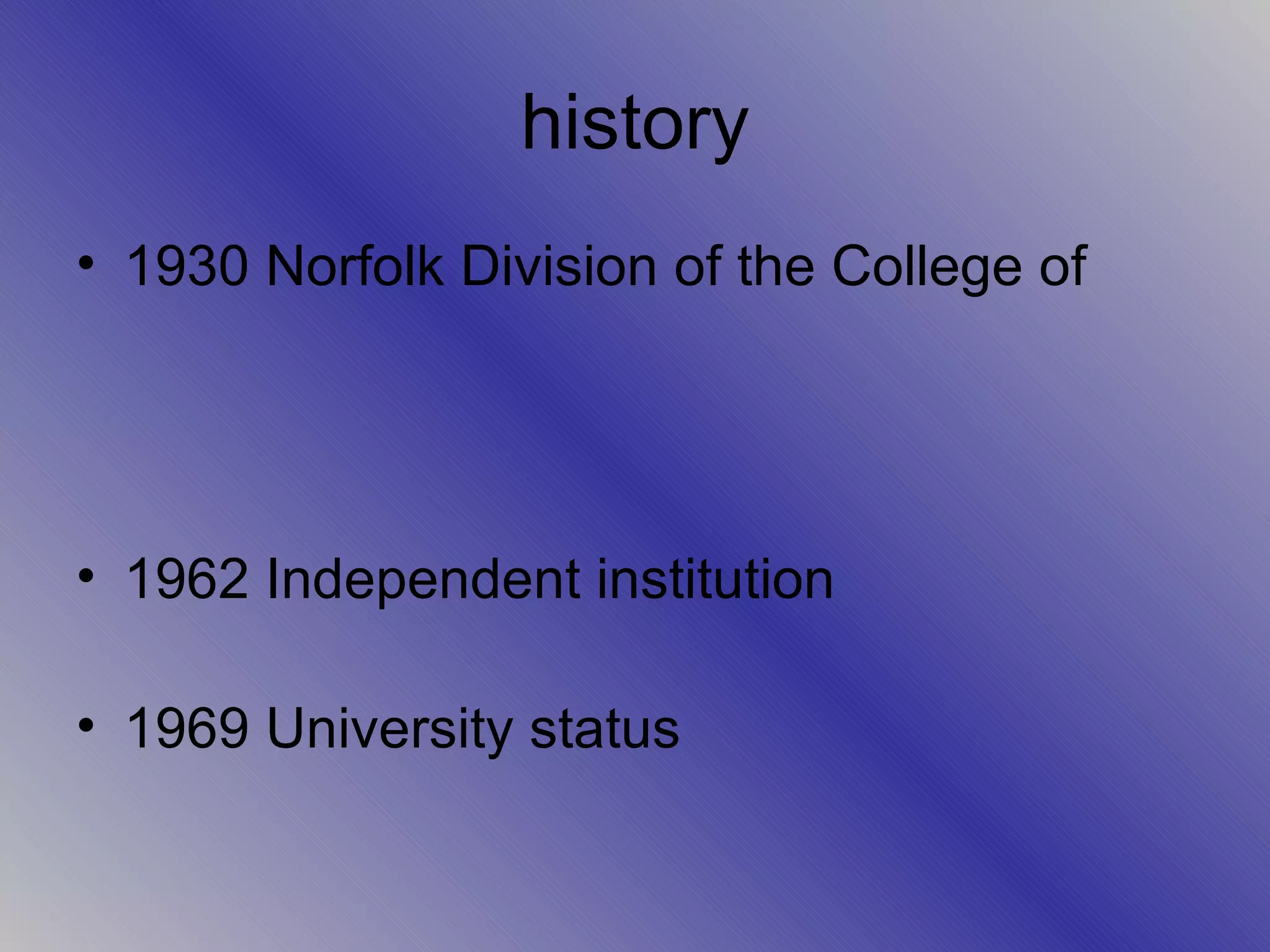 history 1930 Norfolk Division of the College of 1962 Independent institution 1969 University status