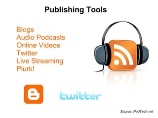 Publishing Tools Blogs Audio Podcasts Online Videos Twitter Live Streaming Plurk!  Source: PodTech.net 
