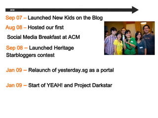 Sep 07 C  Launched New Kids on the Blog Aug 08  C   Hosted our first Social Media Breakfast at ACM Sep 08  C  Launched   Heritage  Starbloggers contest Jan 09  C  Relaunch of yesterday.sg as a portal Jan 09  C  Start of YEAH! and Project Darkstar 