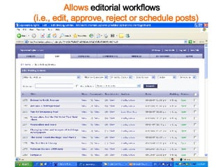 Allows  editorial workflows   (i.e., edit, approve, reject or schedule posts)  