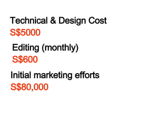 Technical & Design Cost   S$5000 Editing (monthly)   S$600 Initial marketing efforts  S$80,000 