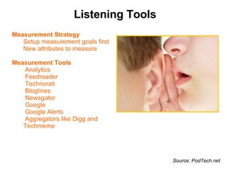 Measurement Strategy Setup measurement goals first New attributes to measure Measurement Tools Analytics Feedreader Technorati Bloglines Newsgator Google Google Alerts Aggregators like Digg and Techmeme Listening Tools Source: PodTech.net 