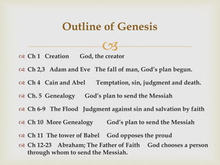  Ch 1 Creation God, the creator
 Ch 2,3 Adam and Eve The fall of man, God’s plan begun.
 Ch 4 Cain and Abel Temptation, sin, judgment and death.
 Ch. 5 Genealogy God’s plan to send the Messiah
 Ch 6-9 The Flood Judgment against sin and salvation by faith
 Ch 10 More Genealogy God’s plan to send the Messiah
 Ch 11 The tower of Babel God opposes the proud
 Ch 12-23 Abraham; The Father of Faith God chooses a person
through whom to send the Messiah.
Outline of Genesis
 