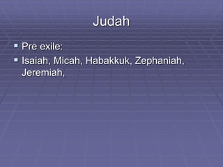 Judah
 Pre exile:
 Isaiah, Micah, Habakkuk, Zephaniah,
Jeremiah,
 