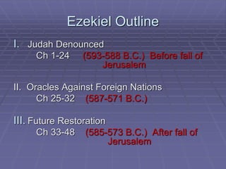 Ezekiel Outline
I. Judah Denounced
Ch 1-24 (593-588 B.C.) Before fall of
Jerusalem
II. Oracles Against Foreign Nations
Ch 25-32 (587-571 B.C.)
III. Future Restoration
Ch 33-48 (585-573 B.C.) After fall of
Jerusalem
 
