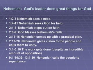 Nehemiah: God’s leader does great things for God
 1:2-3 Nehemiah sees a need.
 1:4-11 Nehemiah seeks God for help.
 2:1-5 Nehemiah steps out on faith.
 2:6-9 God blesses Nehemiah’s faith.
 2:11-16 Nehemiah comes up with a practical plan.
 2:17-20 Nehemiah gives vision to the people and
calls them to unity.
 3:1-6:16 The work gets done (despite an incredible
amount of opposition).
 9:1-10:39, 13:1-30 Nehemiah calls the people to
repentance.
 