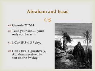 
 Genesis 22:2-14
 Take your son… your
only son Isaac…
 1 Cor 15:3-4 3rd day.
 Heb 11:19 Figuratively,
Abraham received is
son on the 3rd day.
Abraham and Isaac
 