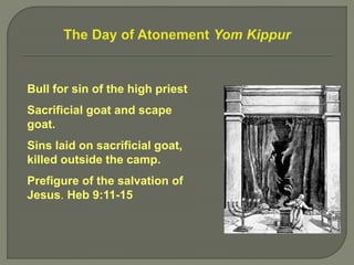 Bull for sin of the high priest
Sacrificial goat and scape
goat.
Sins laid on sacrificial goat,
killed outside the camp.
Prefigure of the salvation of
Jesus. Heb 9:11-15
 
