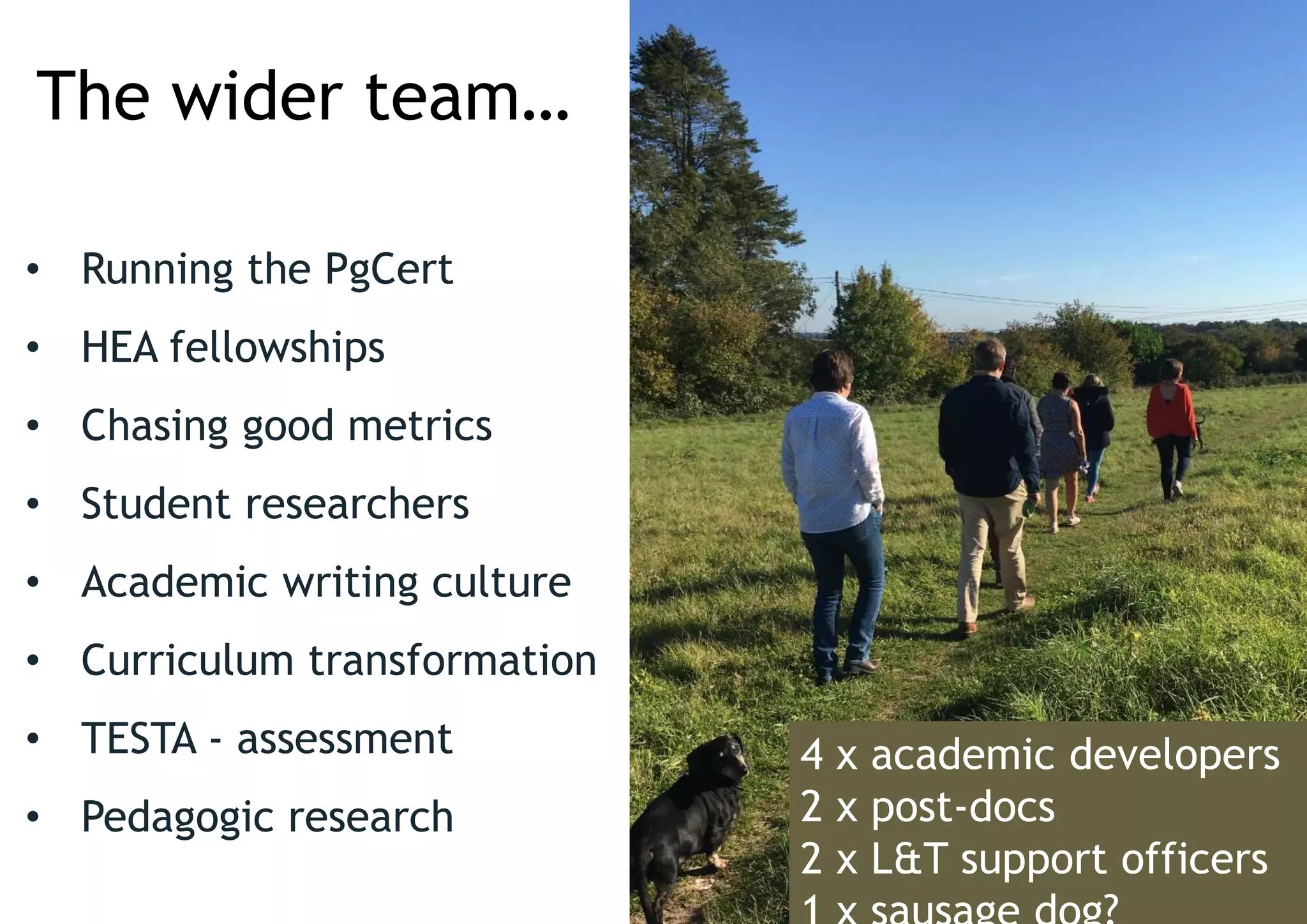 The wider team…
• Running the PgCert
• HEA fellowships
• Chasing good metrics
• Student researchers
• Academic writing culture
• Curriculum transformation
• TESTA - assessment
• Pedagogic research
4 x academic developers
2 x post-docs
2 x L&T support officers
 