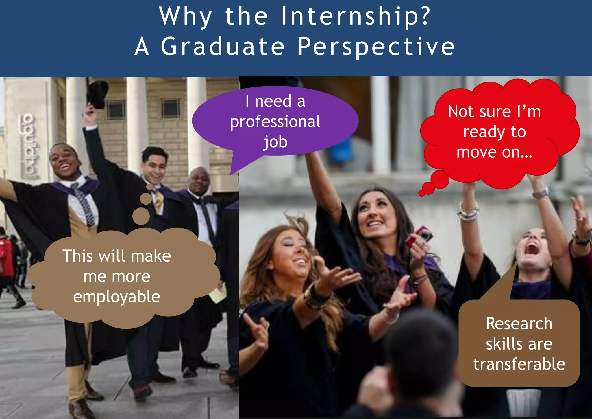 Why the Internship?
A Graduate Perspective
I need a
professional
job
This will make
me more
employable
Research
skills are
transferable
Not sure I’m
ready to
move on…
 