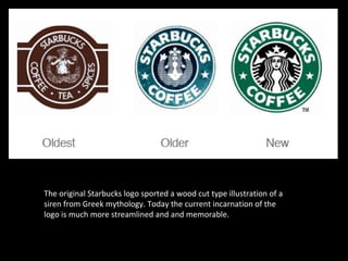 The original Starbucks logo sported a wood cut type illustration of a
siren from Greek mythology. Today the current incarnation of the
logo is much more streamlined and and memorable.
 