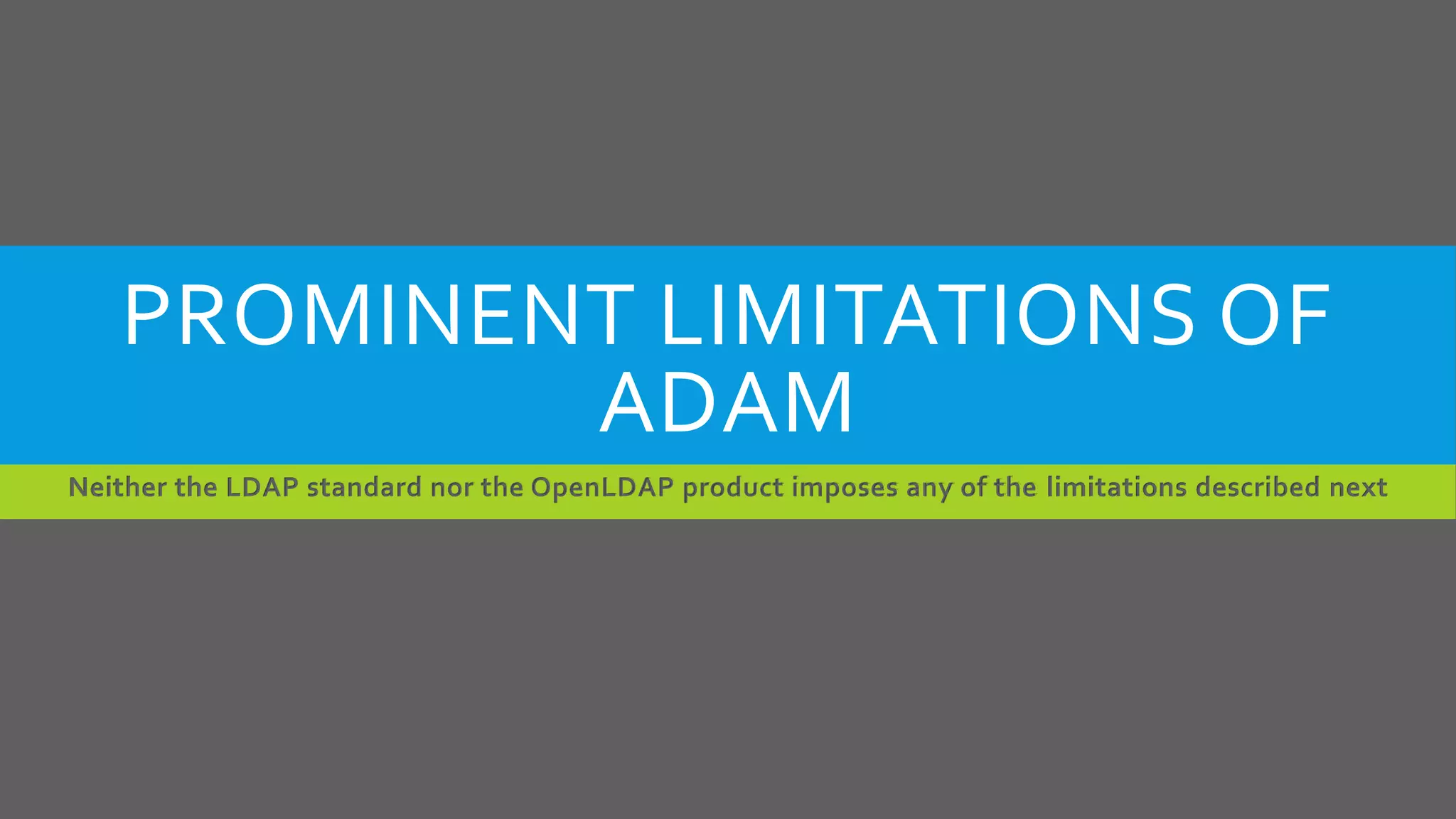 PROMINENT LIMITATIONS OF
ADAM
Neither the LDAP standard nor the OpenLDAP product imposes any of the limitations described next
 