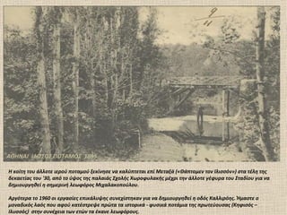 ΑΘΗΝΑΙ ΙΛIΣΣΟΣ ΠΟΤΑΜΟΣ 1895

Η κοίτη του άλλοτε ιερού ποταμού ξεκίνησε να καλύπτεται επί Μεταξά («Θάπτομεν τον Ιλισσόν») στα τέλη της
δεκαετίας του '30, από το ύψος της παλαιάς Σχολής Χωροφυλακής μέχρι την άλλοτε γέφυρα του Σταδίου για να
δημιουργηθεί η σημερινή λεωφόρος Μιχαλακοπούλου.

Αργότερα το 1960 οι εργασίες επικάλυψης συνεχίστηκαν για να δημιουργηθεί η οδός Καλλιρόης. Ήμαστε ο
μοναδικός λαός που αφού κατέστρεψε πρώτα τα ιστορικά - φυσικά ποτάμια της πρωτεύουσας (Κηφισός –
Ιλυσσός) στην συνέχεια των ετών τα έκανε λεωφόρους.
 