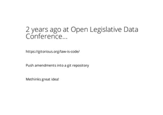 2 years ago at Open Legislative Data
Conference...
https://gitorious.org/law-is-code/
Push amendments into a git repository
Methinks great idea!
 