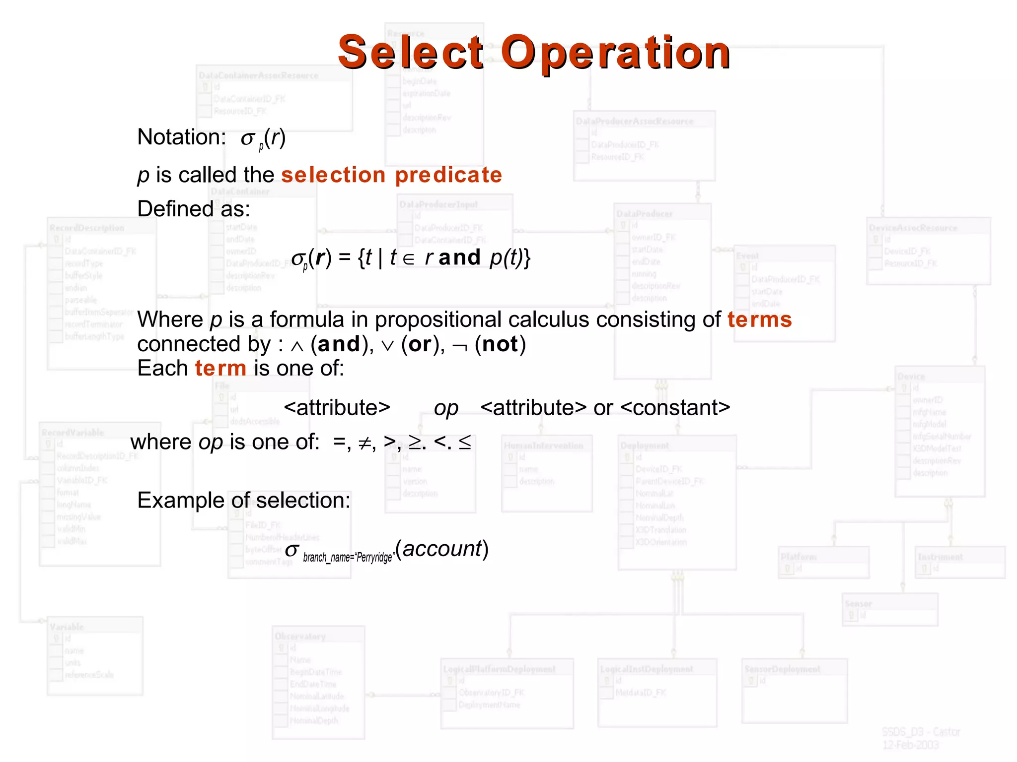 Select OperationSelect Operation
Notation: σ p(r)
p is called the selection predicate
Defined as:
σp(r) = {t | t ∈ r and p(t)}
Where p is a formula in propositional calculus consisting of terms
connected by : ∧ (and), ∨ (or), ¬ (not)
Each term is one of:
<attribute> op <attribute> or <constant>
where op is one of: =, ≠, >, ≥. <. ≤
Example of selection:
σ branch_name=“Perryridge”(account)
 