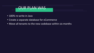 OUR PLAN WAS
• 100% re-write in Java
• Create a separate database for eCommerce
• Move all tenants to the new codebase within six months
 