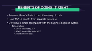 BENEFITS OF DOING IT RIGHT
• Save months of efforts to port the messy UI code
• Have ASP UI benefit from separate database
• Only have a single touchpoint with the business backend system
• for any client
• XHTML rendered by ASP
• HTML5 rendered by Spring MVC
• potential mobile apps
 