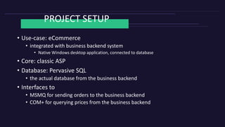 PROJECT SETUP
• Use-case: eCommerce
• integrated with business backend system
• Native Windows desktop application, connected to database
• Core: classic ASP
• Database: Pervasive SQL
• the actual database from the business backend
• Interfaces to
• MSMQ for sending orders to the business backend
• COM+ for querying prices from the business backend
 