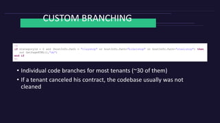CUSTOM BRANCHING
<%
if nCategoryId = 0 and (hostInfo.Path = "clayshop" or hostInfo.Path="bikershop" or hostInfo.Path="steelshop") then
out GetPageHTML(1,"de")
end if
%>
• Individual code branches for most tenants (~30 of them)
• If a tenant canceled his contract, the codebase usually was not
cleaned
 