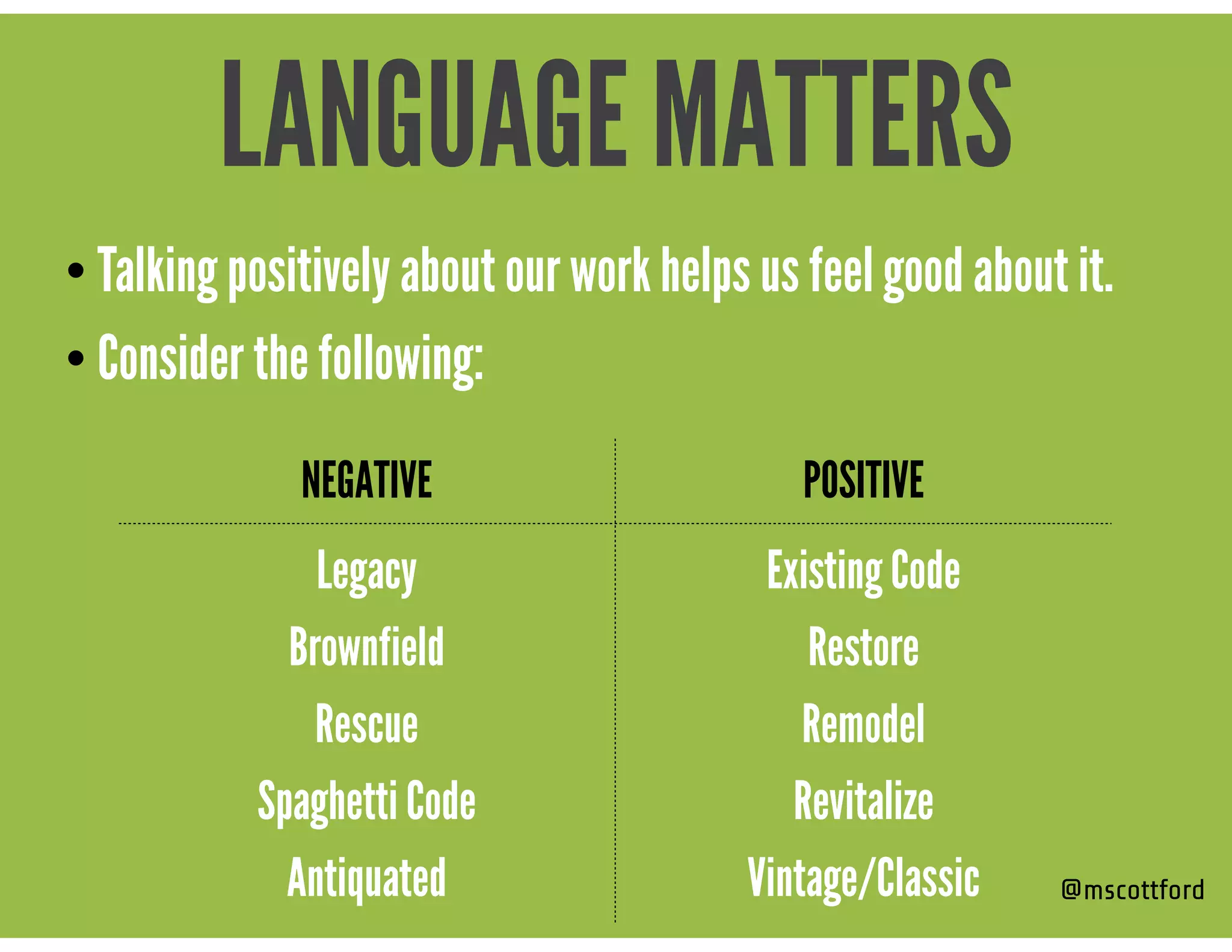 • Talking positively about our work helps us feel good about it.
• Consider the following:
@mscottford
LANGUAGE MATTERS
NEGATIVE POSITIVE
Legacy
Brownfield
Rescue
Spaghetti Code
Antiquated
Existing Code
Restore
Remodel
Revitalize
Vintage/Classic
 