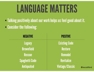 • Talking positively about our work helps us feel good about it.
• Consider the following:
@mscottford
LANGUAGE MATTERS
NE...